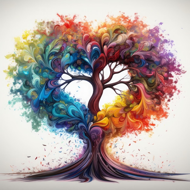 un árbol con hojas coloridas y un árbol colorido con la palabra amor en él