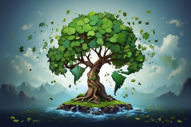 Un árbol con hojas del mapa del mundo concepto de medio ambiente salvar el mundo