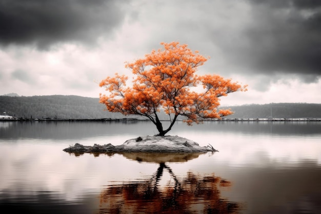 Un árbol con hojas de naranja se encuentra en una pequeña isla en medio de un lago.