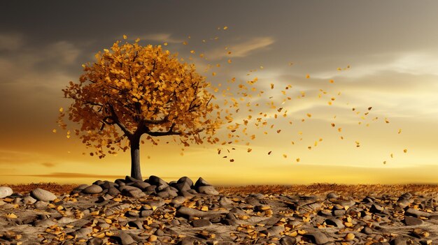 un árbol con hojas de otoño en él y un cielo amarillo en el fondo