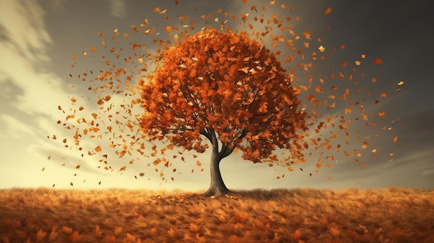 Un árbol con hojas de otoño que caen que representan la ilustración generada por la IA