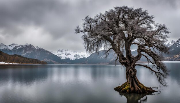 Foto un árbol sin hojas está de pie en el agua