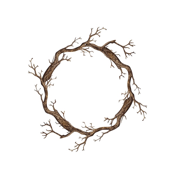 Árbol sin hojas con ramas secas y desnudas marco redondo de ilustraciones de acuarela madera flotante gótica decoración de Halloween campo aislado del fondo para el diseño estacional invierno otoño