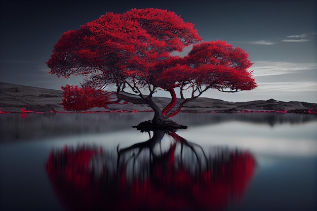 Un árbol con hojas rojas y un cielo azul.