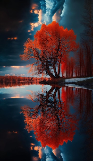 Un árbol con hojas rojas y el cielo es un reflejo del cielo.