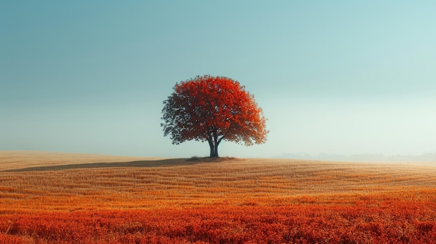 Un árbol con hojas rojas de pie en un campo