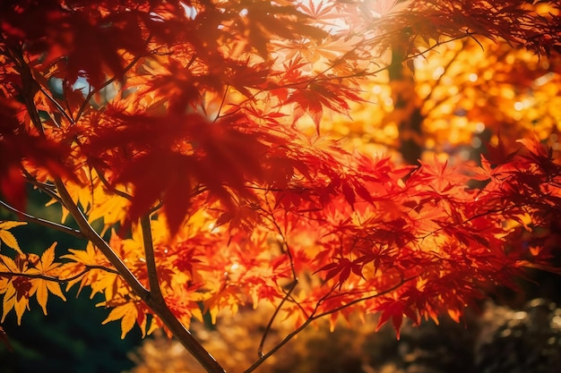 Un árbol con hojas rojas y el sol brillando a través de las hojas.