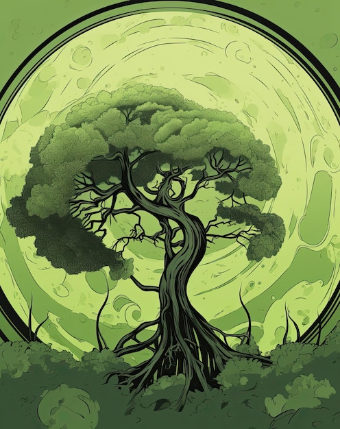 Un árbol con hojas verdes en forma de círculo sobre un fondo claro Concepto de cuidado del planeta Tierra IA generativa