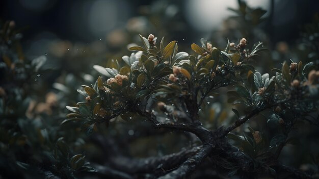 Un árbol con hojas verdes y una luz al fondo.