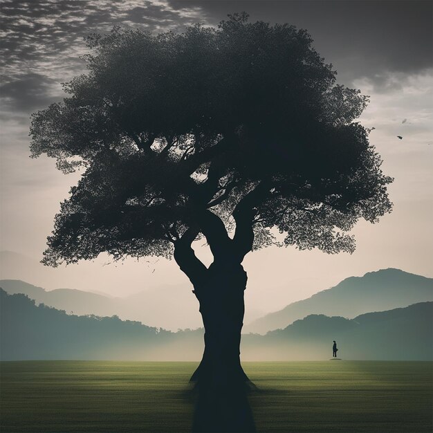 un árbol con un hombre de pie delante y un hombre en el fondo.