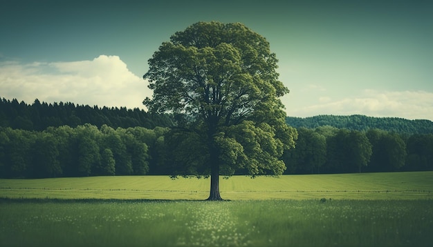 Un árbol imponente en medio de un campo verde con árboles en la distancia