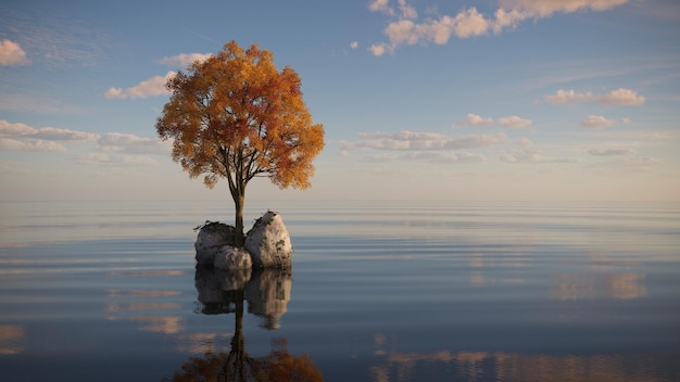 árbol en una isla en medio de un lago hermoso paisaje 3D ilustración cg render