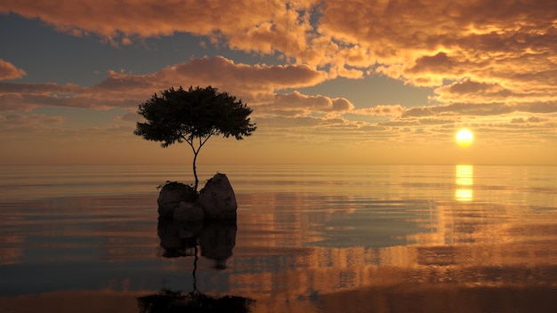 árbol en una isla en medio de un lago hermoso paisaje 3D ilustración cg render