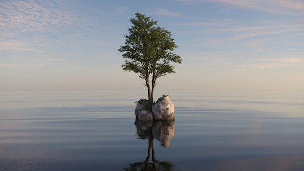 árbol en una isla en medio de un lago hermoso paisaje 3D ilustración cg render