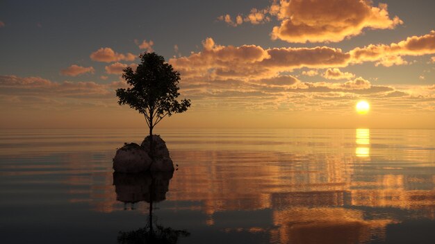 árbol en una isla en medio de un lago hermoso paisaje 3D ilustración cg render