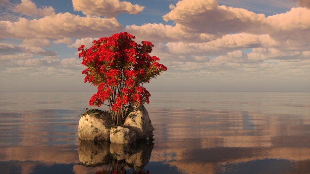 árbol en una isla en medio de un lago hermoso paisaje 3D ilustración cg render