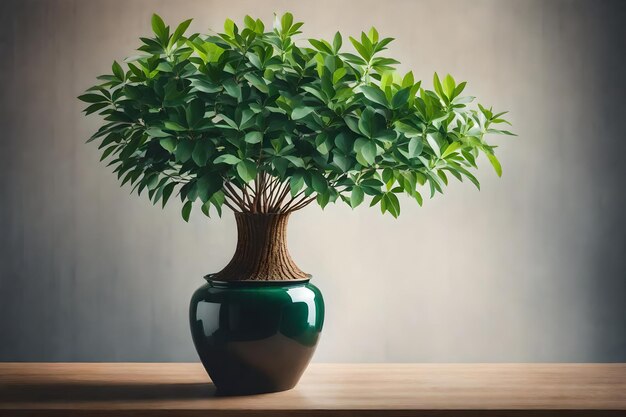 un árbol en un jarrón con hojas verdes Selective Focus Shot