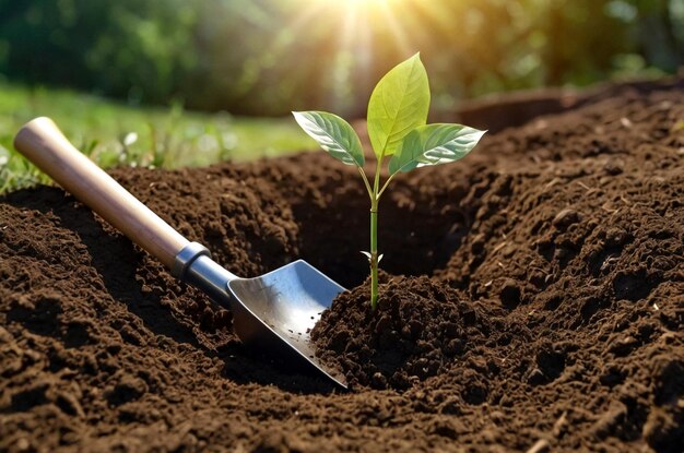 Foto el árbol joven se encuentra en el agujero excavado junto a la pala y está listo para plantar en el suelo