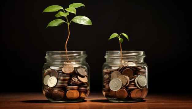 Foto Árbol joven en un frasco de vidrio con monedas en un fondo oscuro