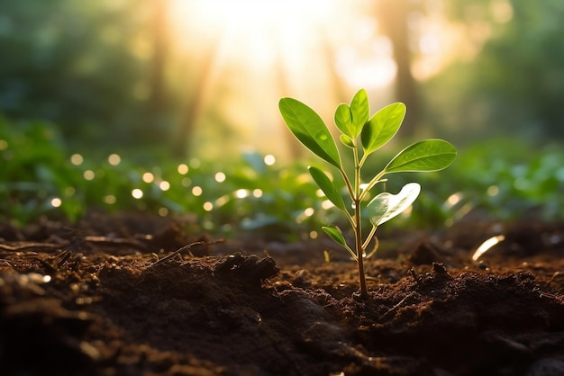 árbol joven que crece en el jardín con salida del sol en la naturaleza generativa ai