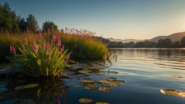 Foto Árbol en un lago al amanecer