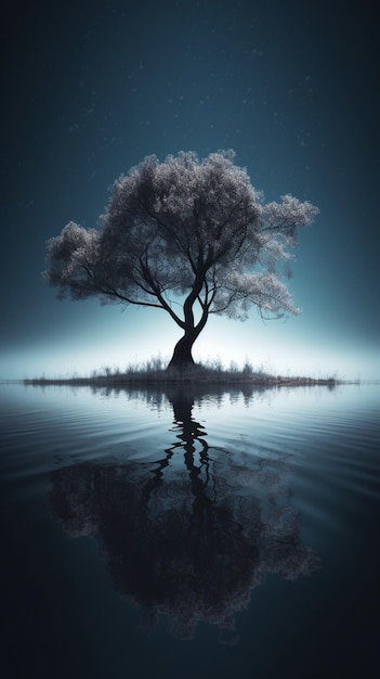 Un árbol en un lago con un cielo azul detrás