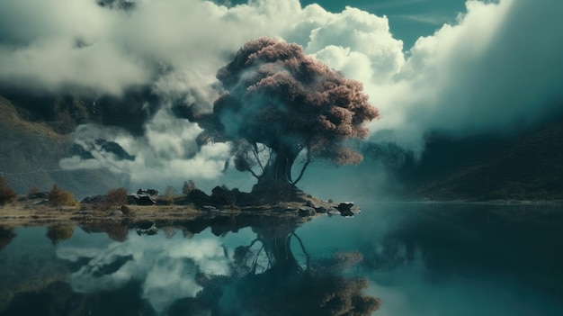 Un árbol en un lago con nubes y un cielo nublado.