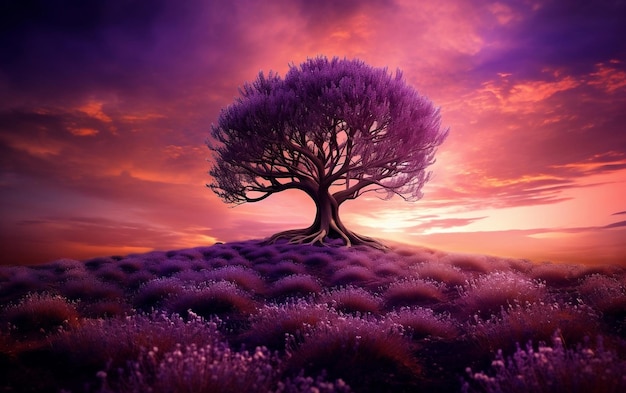 Árbol de lavanda en medio de campos de lavanda IA generativa