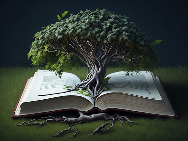 Un árbol de libro abierto y raíces que crecen en la naturaleza, la hoja del árbol es dinero