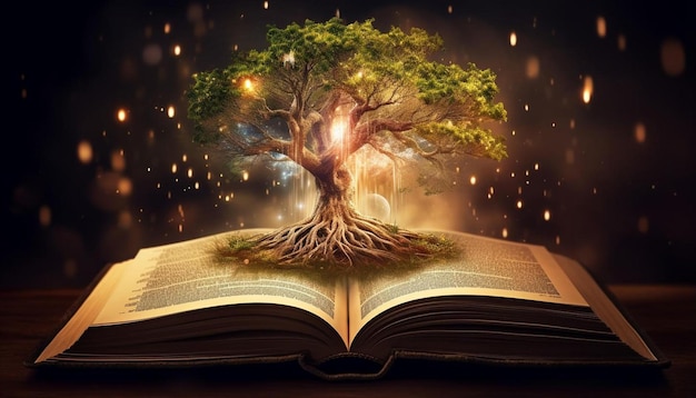 Foto un árbol en un libro con un árbol en la parte superior de él