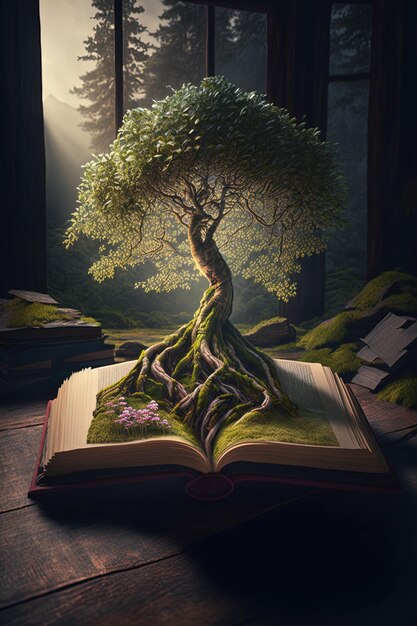 un árbol con un libro en la portada del libro