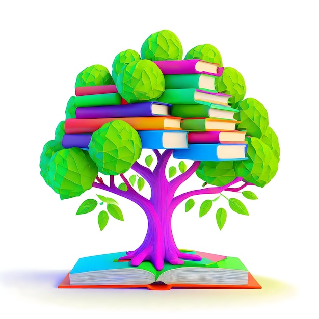 un árbol con libros coloridos en la parte superior