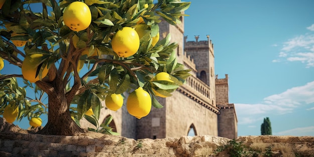 un árbol con un limón colgando de él junto a un castillo