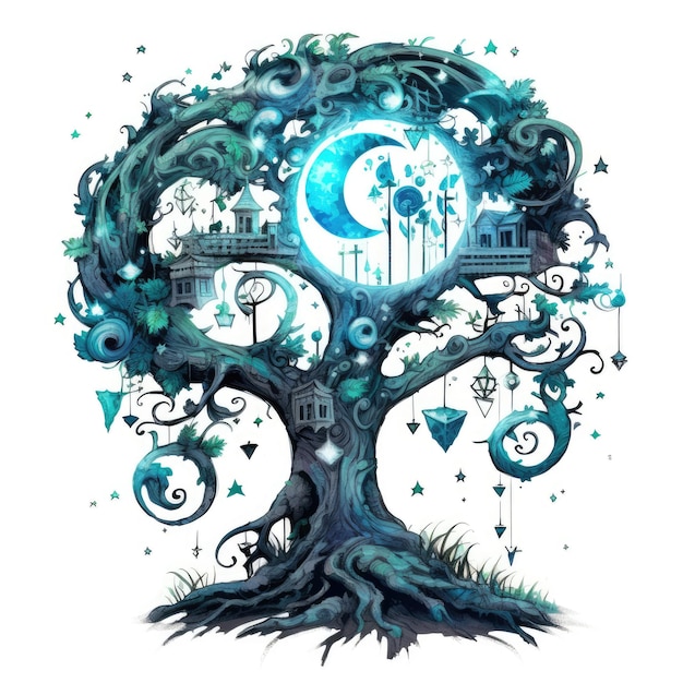 árbol luna acuarela pastel ilustración abstracta juguetón tatuaje clipart fantasía arte de cartel mágico