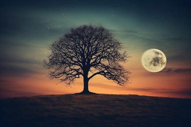 Un árbol con la luna en el fondo