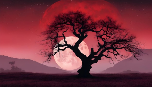 Foto un árbol con una luna llena detrás de él