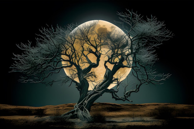 Un árbol con luna llena de fondo.