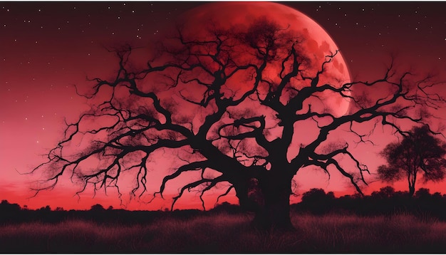 Foto un árbol con una luna roja detrás de él