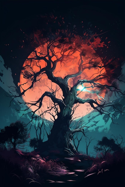 Un árbol con una luna roja detrás