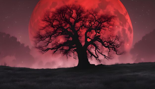 Foto un árbol con una luna roja en el fondo