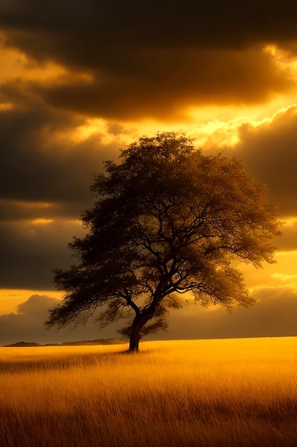 Un árbol majestuoso se encuentra solo en un mar de hierba dorada sus ramas siluetas AIgenerado