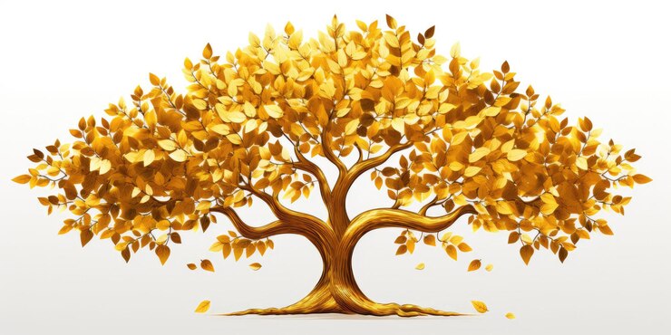 árbol majestuoso con hojas doradas contra un fondo transparente Deja que las hojas brillen como puras