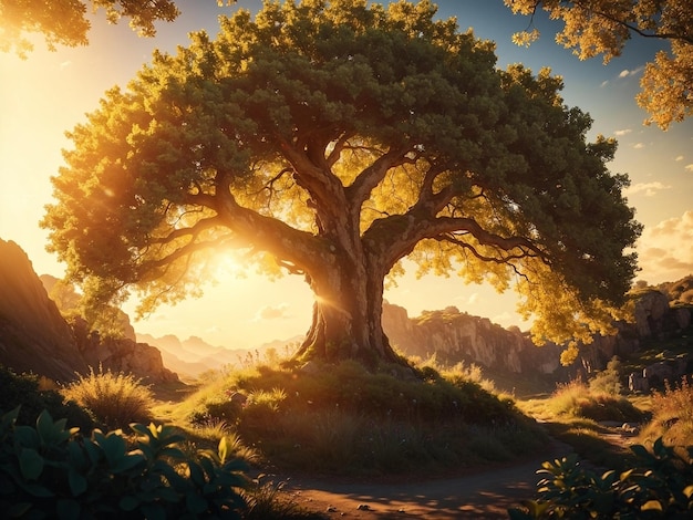 Un árbol majestuoso que irradia una luz dorada brillante.