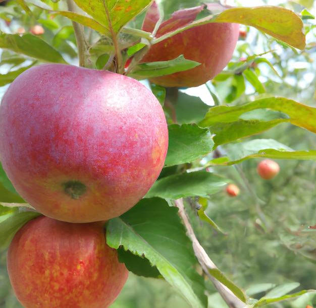 Un árbol con manzanas y las hojas son verdes y rojas.