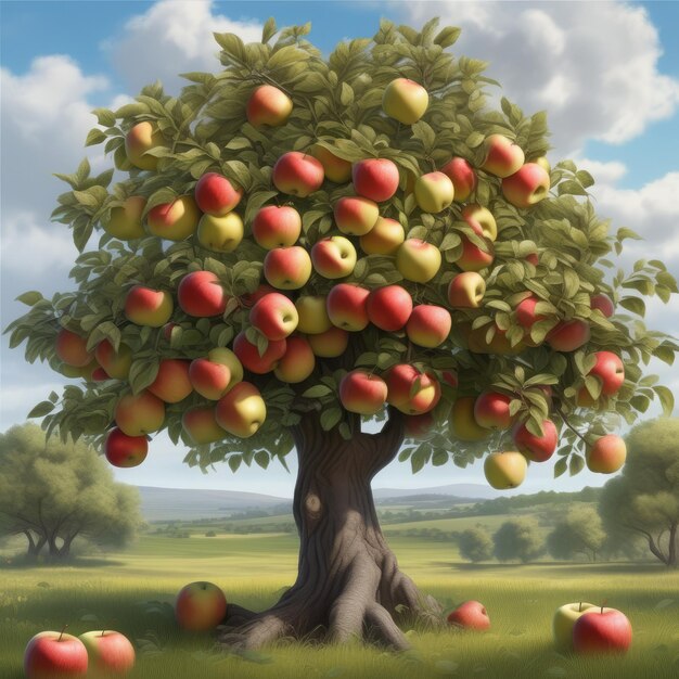 Foto un árbol con manzanas maduras en el huerto