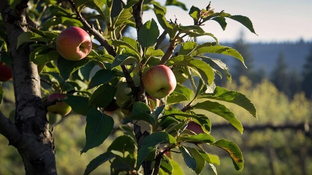 un árbol con manzanas que están creciendo en él