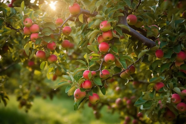 Un árbol con manzanas rojas en él