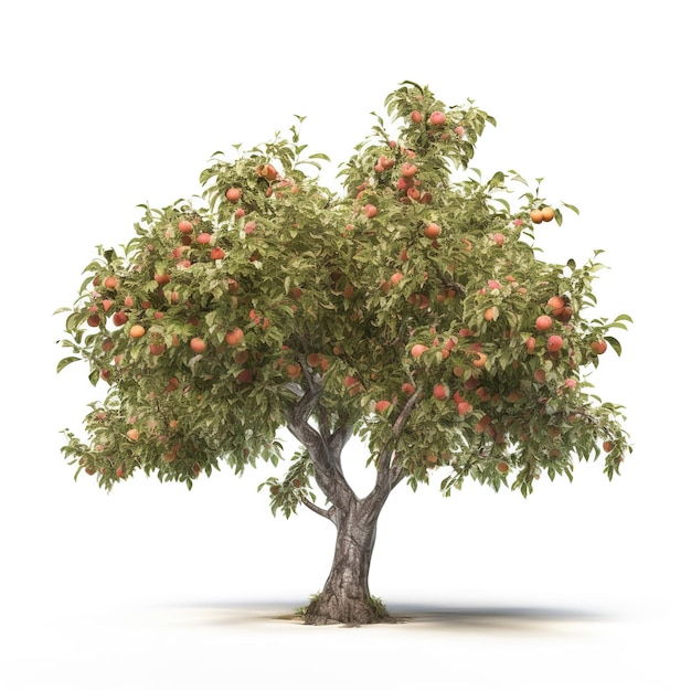 Un árbol con manzanas rojas está en un fondo blanco.