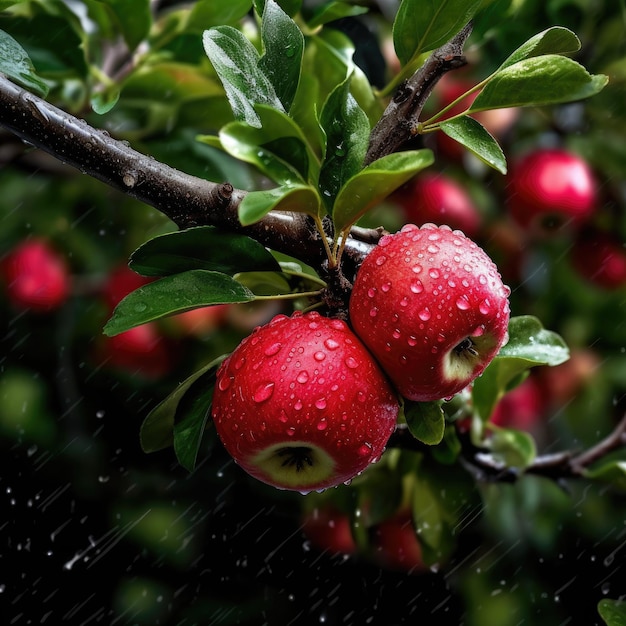 Un árbol con manzanas rojas con gotas de lluvia.