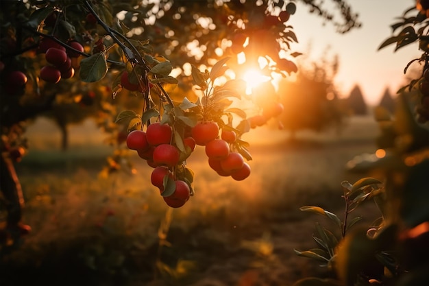 Un árbol con manzanas rojas con la puesta de sol detrás de él